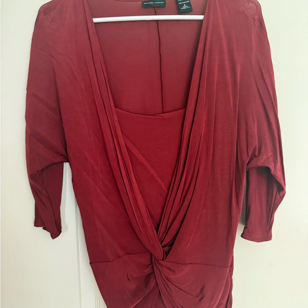 New York & Company Red Wrap Tie Front Blouse